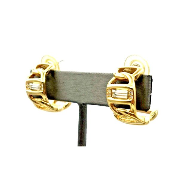 Vintage SWAROVSKI Swan Baguette Crystal Half Hoop Gold Tone Pierced Earrings - Picture 2 of 8